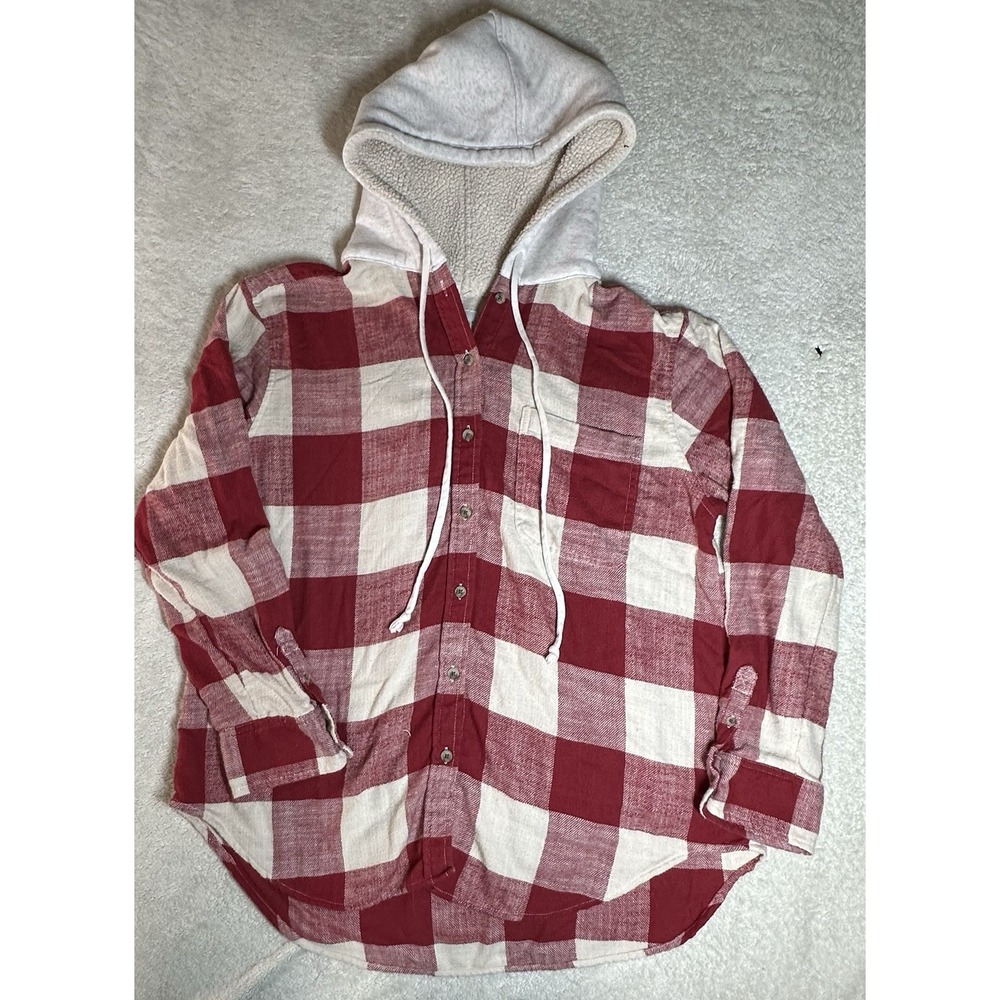 American Eagle Long Sleeve Red/Tan Plaid Button Up Hooded Sweatshirt Sz M
